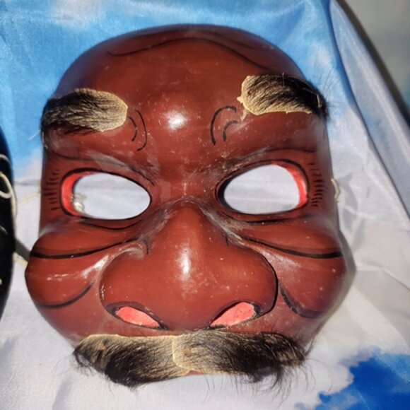 5 - Vtg Wood Indonesia Bali Topeng Dance Theater Demon Half-Masks Handcrafted - Picture 8 of 11